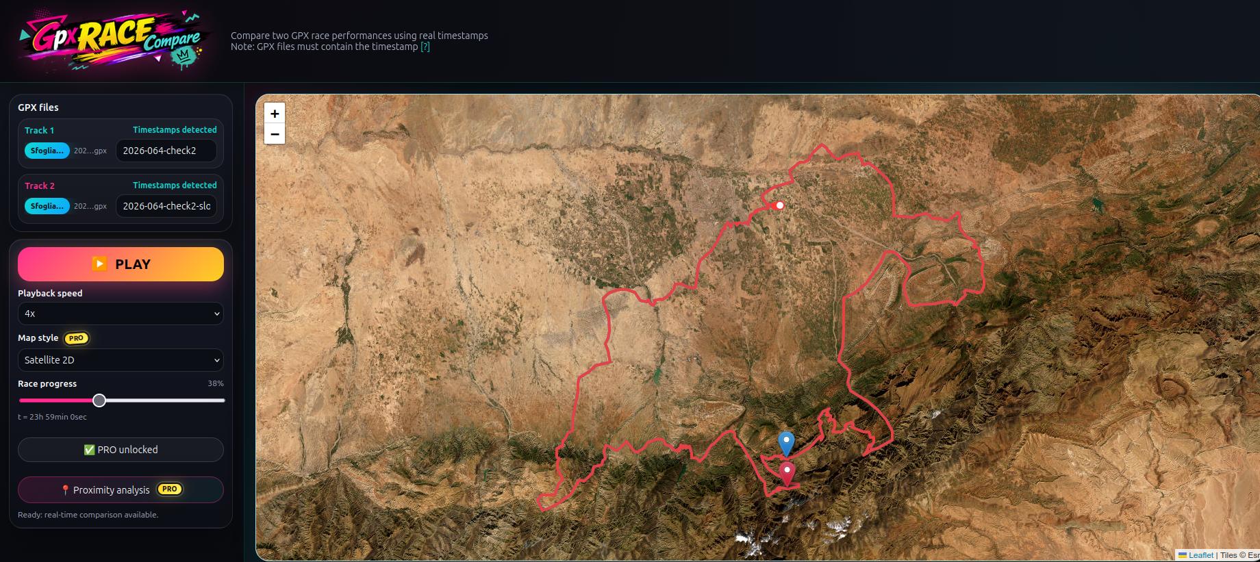Nuove funzioni di GPX Race Compare: analisi della prossimità, mappe satellitari e replay avanzato della gara